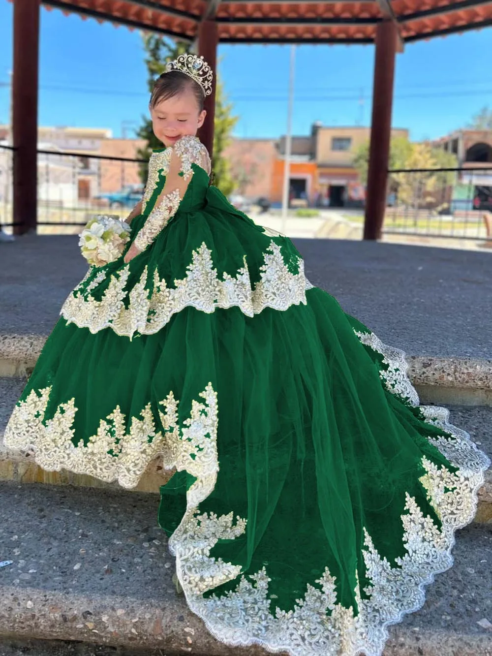 Girls Lace Sleeve Flower Girl Dresses With Train Toddlers Tulle Tiered Pageant Dress Satin Bow Communion Wedding Party Gowns