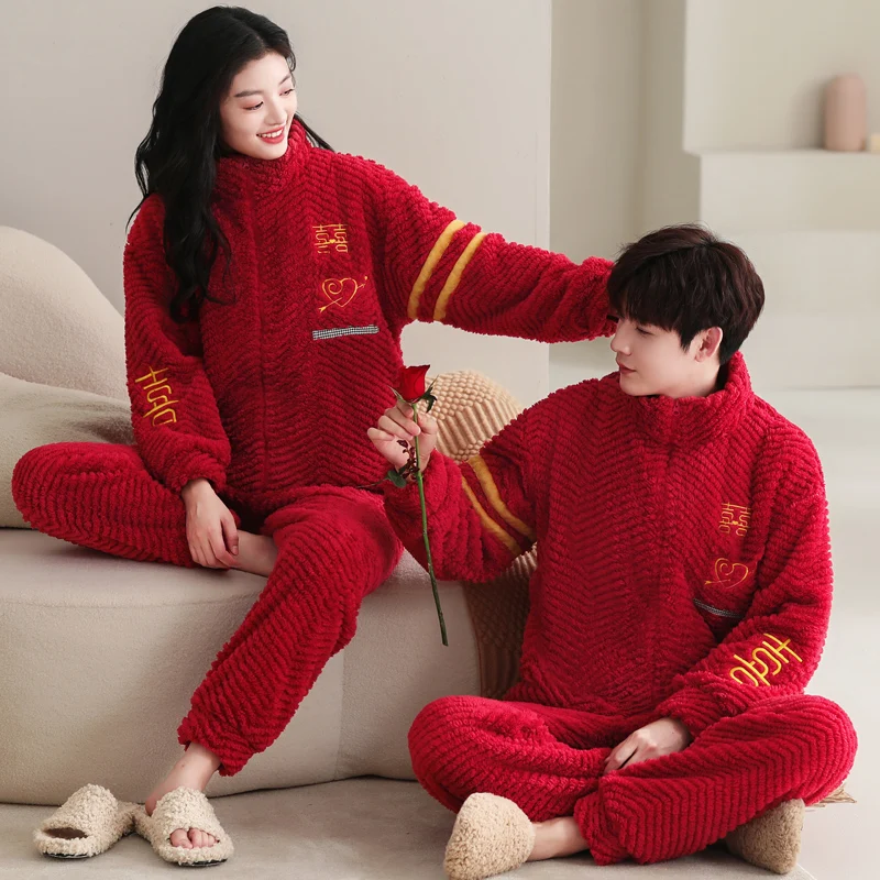 High Quality Couple Pajamas Set Flannel Sleepwear Women Men Warm Fleece Pijama Winter Lovers Kimono Home Clothes