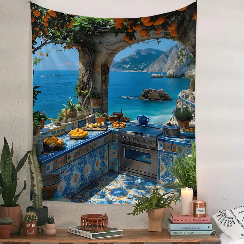 Nordic Natural Landscape Tapestry Seascape Printed Bedroom Background Hanging Cloth Pretty Wall Carpet with Installation Package