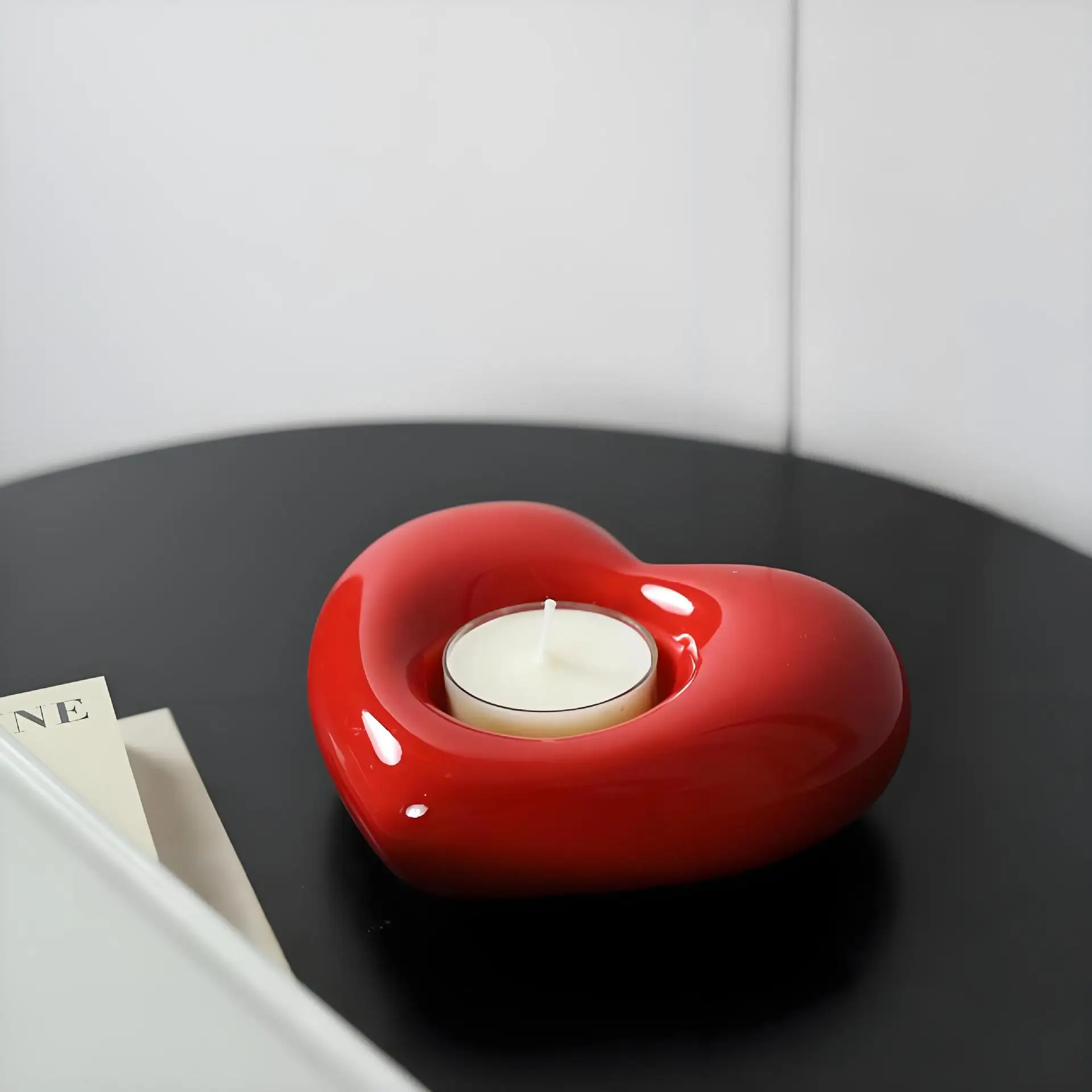 Modern Minimalist Heart-shaped Ceramic Candle Holder Tray. Red Decorative Piece For Dining Table, Festival Tea Candle Holder
