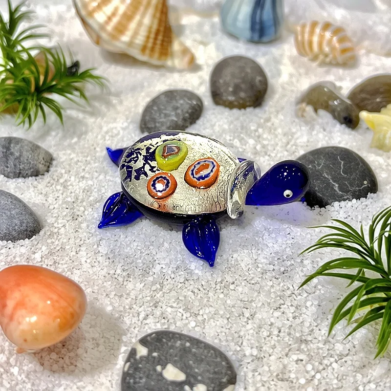 

Handmade Mini Glass Turtle Figurine Cute Silver Foil Marine Animal Ornament for Home Desktop Aquarium Room Table Decor Accessory