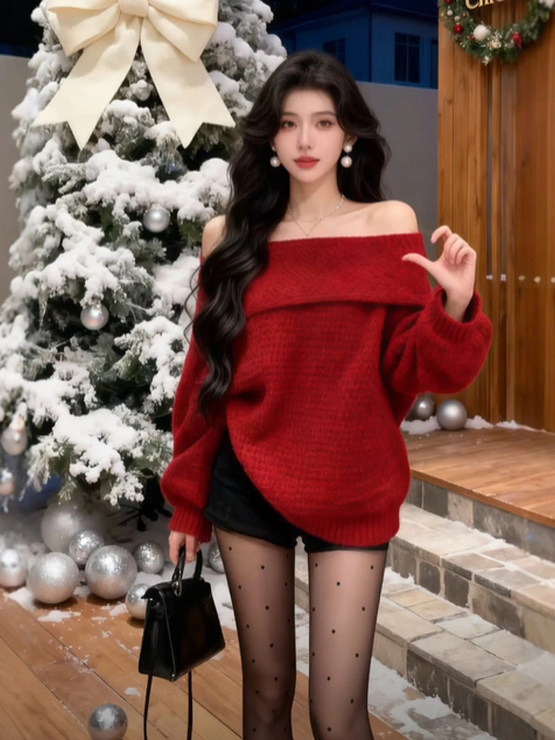 

Retro Sli Red One-oulder Sweater orts Two-Piece Set Faionable Small Stature Spring Outfit Comfortable Warm Knitwear