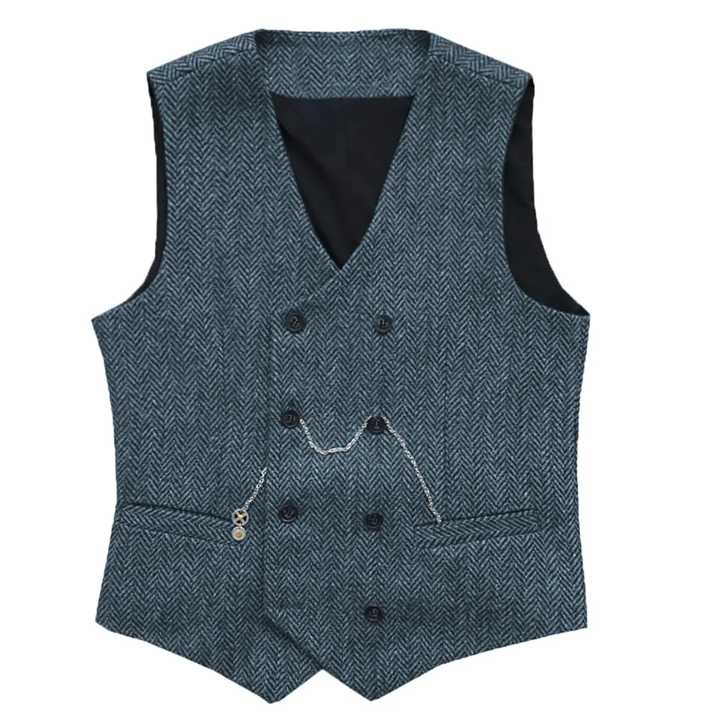 Gilet à Double boutonnage en laine Tweed pour homme, costume marron et noir pour marié et mariage