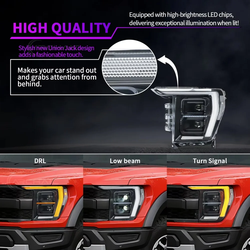 Custom Style LED Front Headlights For Ford F150 Raptor 2021-2023 Clear Lens Sequential Blinker Turn Signal Lamp Assembly