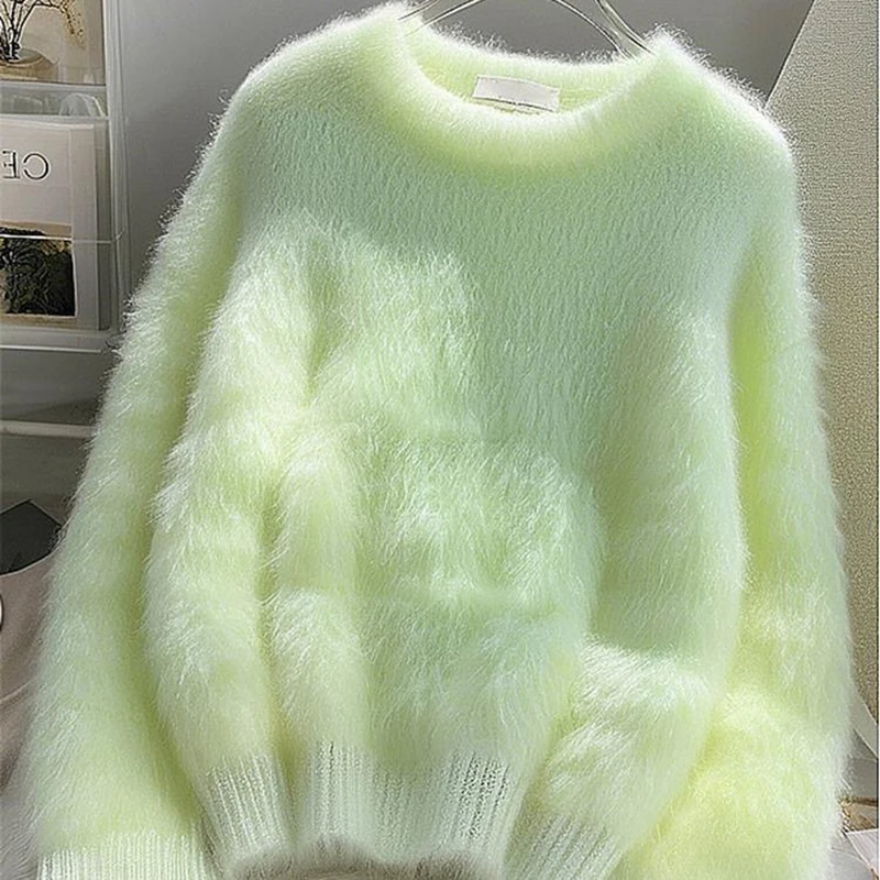 Green Soft Waxy Lazy Thickened Knitted Sweater Women's 2025 Autumn Winter New Warm Heating Top O-Neck Long Sleeve Sweater Coat