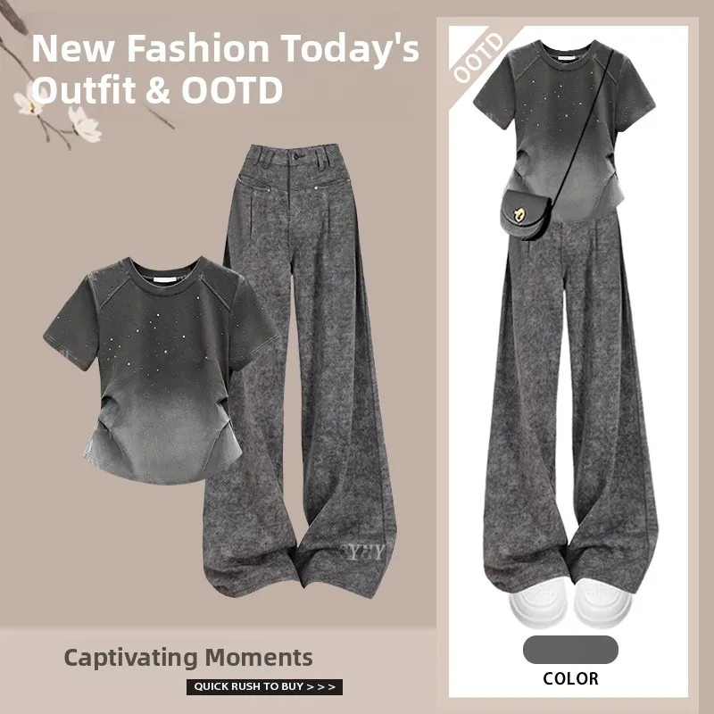 

Summer Casual Women's Set Korean Version adient ort Sve T-irt High Waist Wide Leg Pants Two-Piece Suit Faionable S...