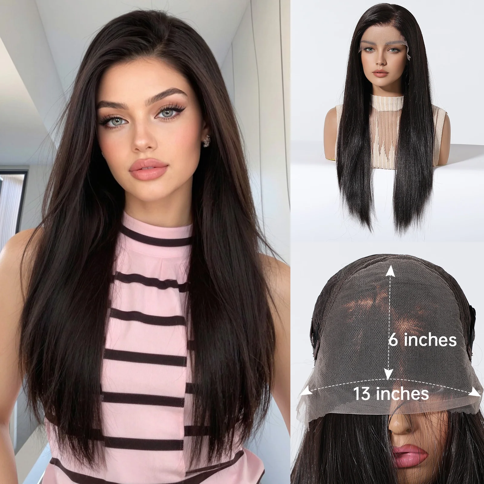 

13x6 Inch Lace Front Wig Long Straight Brown Synthetic Hair Wig Natural Hairline Heat Resistant for Daily Wear Party Cosplay