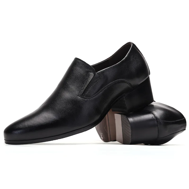 6-8 cm Height Increasing Men Business Dress Shoes Slip On Pointed Toe Cowhide Leather Classic Men Formal Oxfords Black