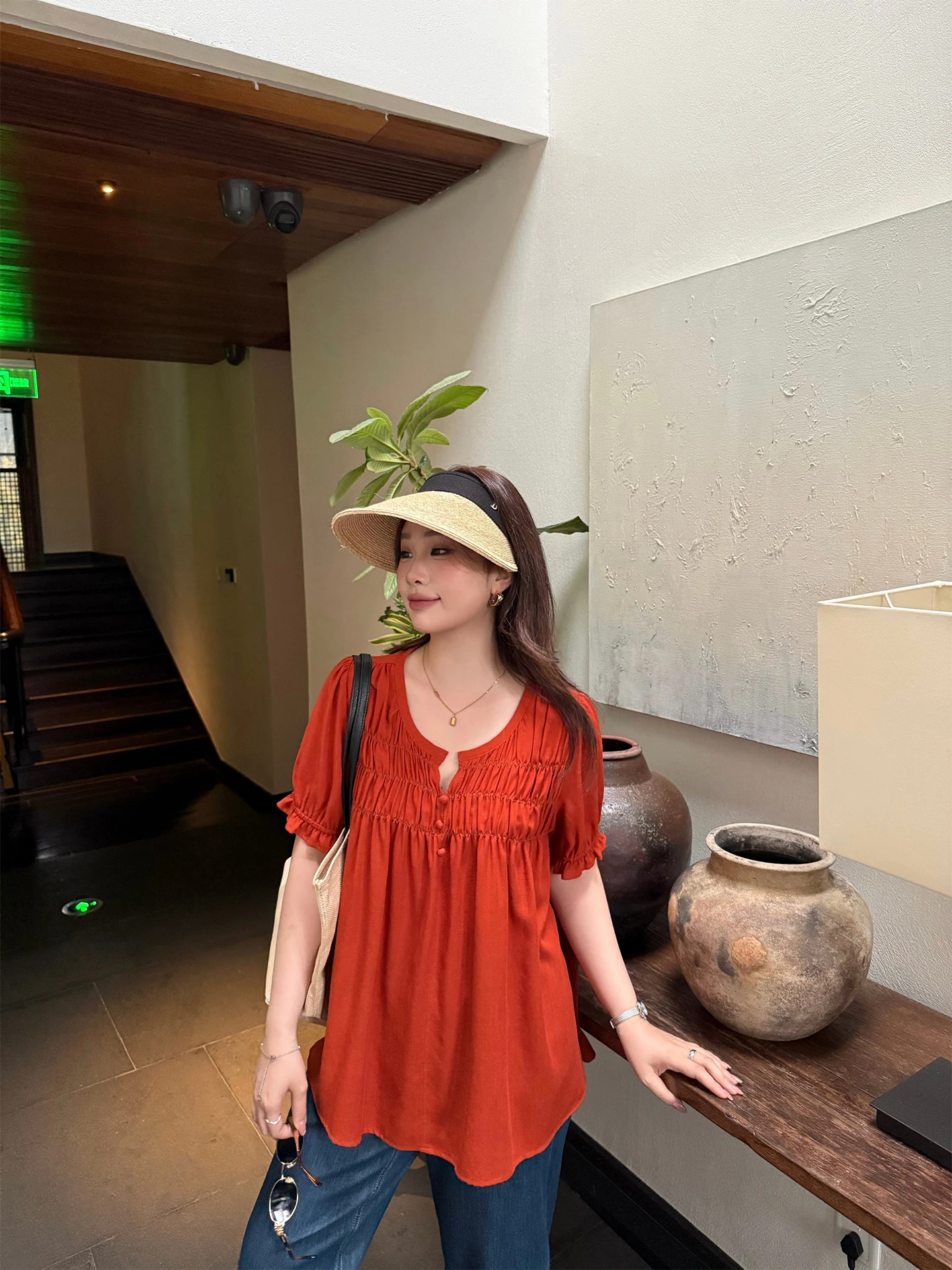 

Dawanshan plus Size Women's Shirt Micro Plump Sister Short Sleeve Linen Shirt French Style Loose Fit round Neck Casual Top