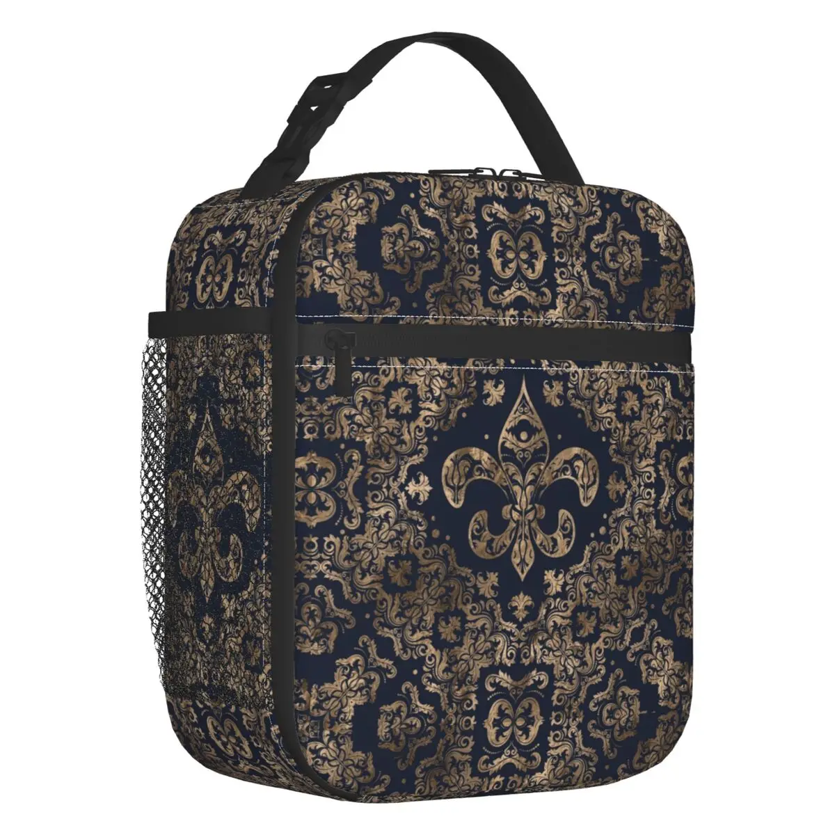 Luxury Ornament Gold And Dark Blue Insulated Lunch Bag Resuable Fleur De Lis Lily Flower Royalty Petals Thermal Cooler Box