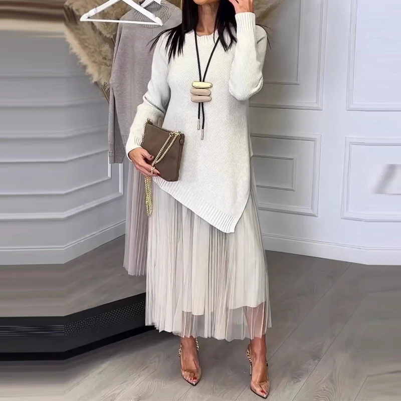 Elegante o-pescoço pulôver malha & suspender saia conjunto senhora casual manga longa sólido 2pc terno moda emenda solto commuter outfit