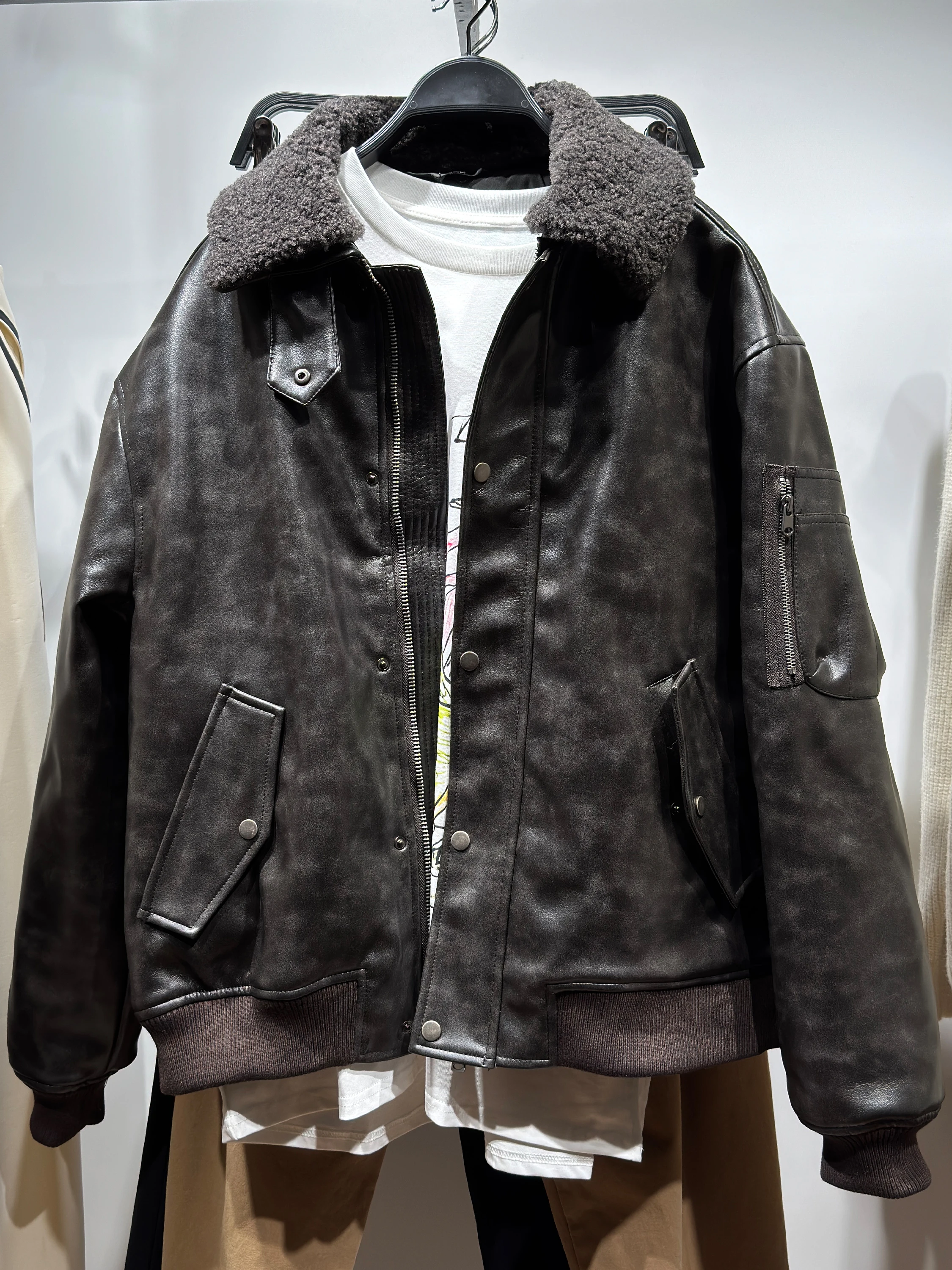 

Warmth Thiened Loose Men's Jaet Leather Coat with Detachable Fur Collar Autumn Winter Casual Sle Zipper Decoration