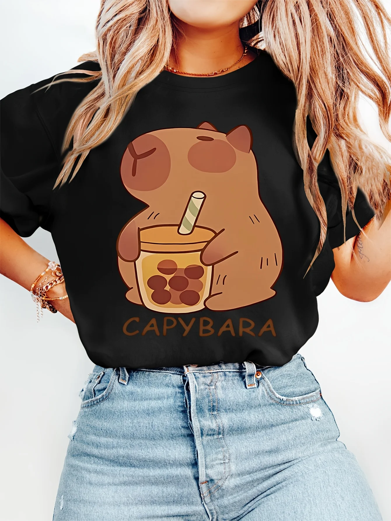 Women Crew Neck Tee Cute Capybara Holding Bubble Tea Graphic Print Short Sleeve Loose Ladies Cotton Plus Size Casual Top