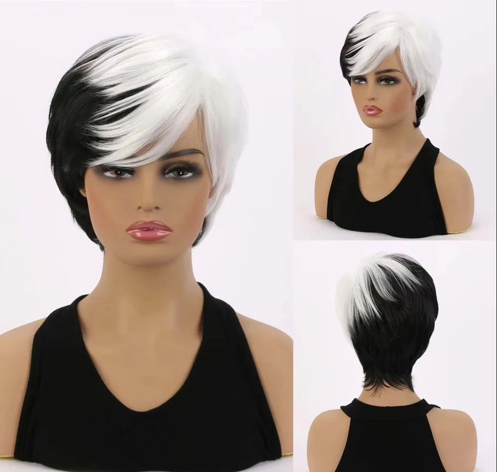 

Women's Fashion Short Synthetic Wigs Pixie Cut White Mixed Black Hair Costume Party Wigs for Woman Fluffy Straight Wig