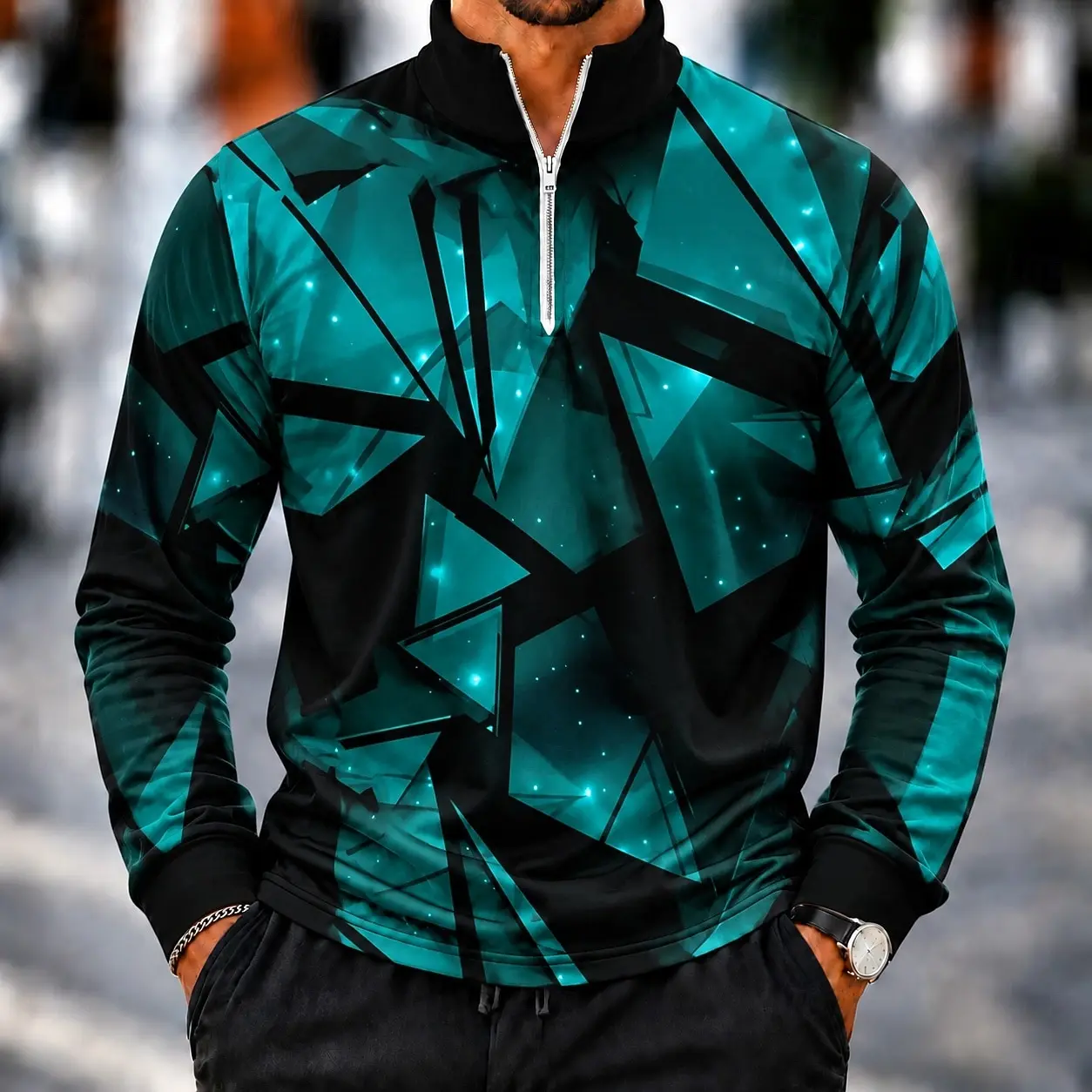 Men 1/4 Zip Pullover Sweatshirt Red Triangle Geometric Print Long Sleeve Tops