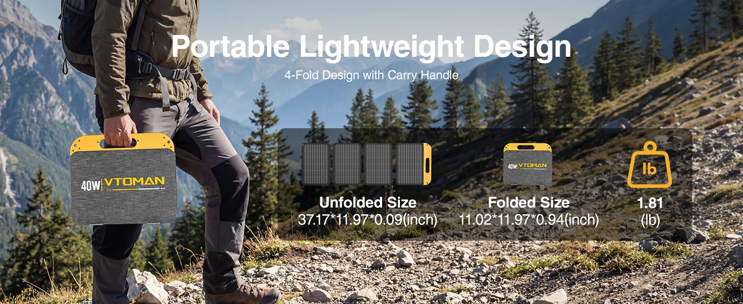 VTOMAN 40W Foldable Mini Solar Panel with USB-C & USB-A Outputs, Waterproof Solar Charger for Phones, Tablets, Jump 100 & FS300 Power Stations, Ideal for Camping, Hiking & Backpacking
