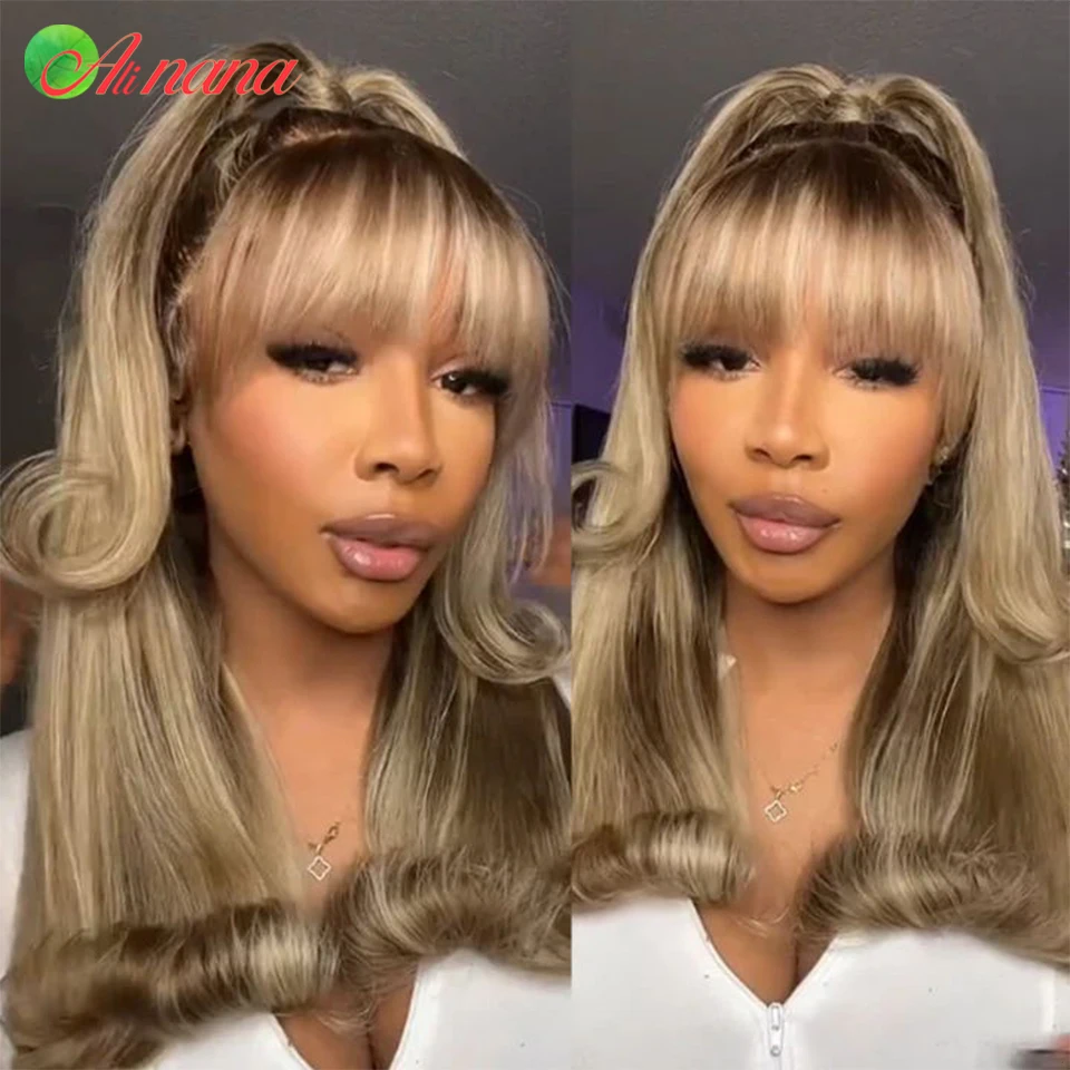 

13x4 13x6 Ash Blonde Highlight Colored Human Hair For Women Straight Pre-Plucked Transparent Lace Frontal Wigs With Bangs Fringe