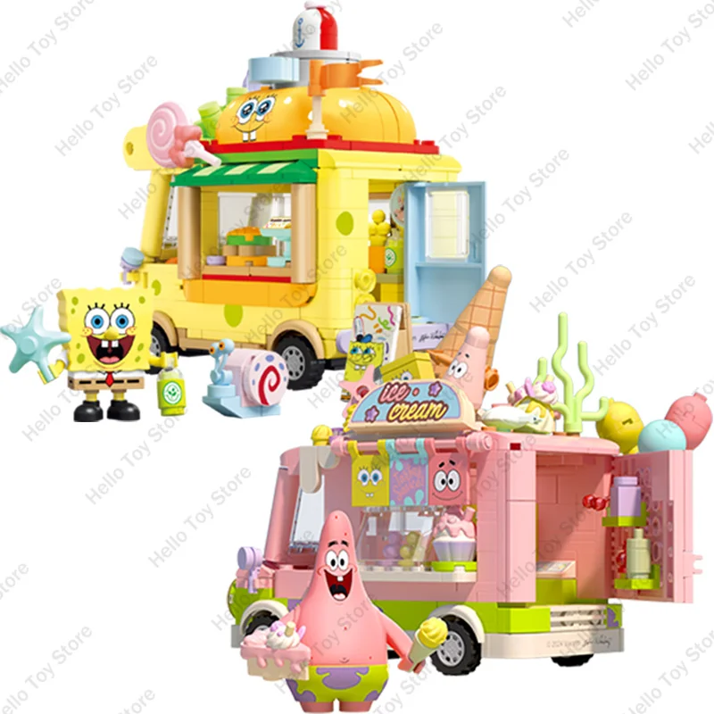 2024 Anime SpongeBob Series Building Blocks Hamburger Car Patrick Star Dessert Ice Cream Car Model Cartoon Bricks Kids Toys Gift