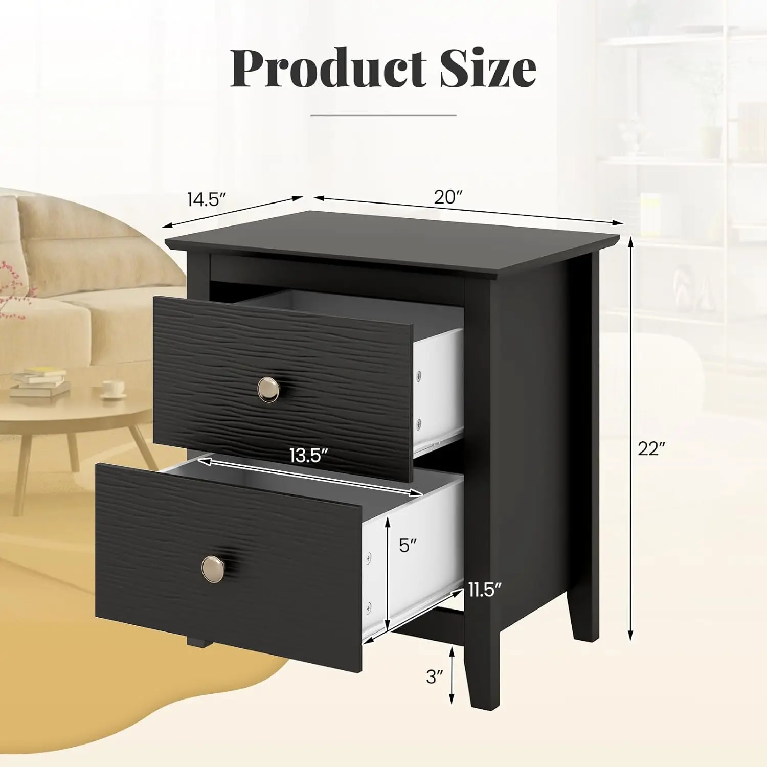Nightstands Set of 2, Modern 2 Drawers Night Stands with Handles, Sofa Side Table with Sturdy Legs for Small, Customized - view 3