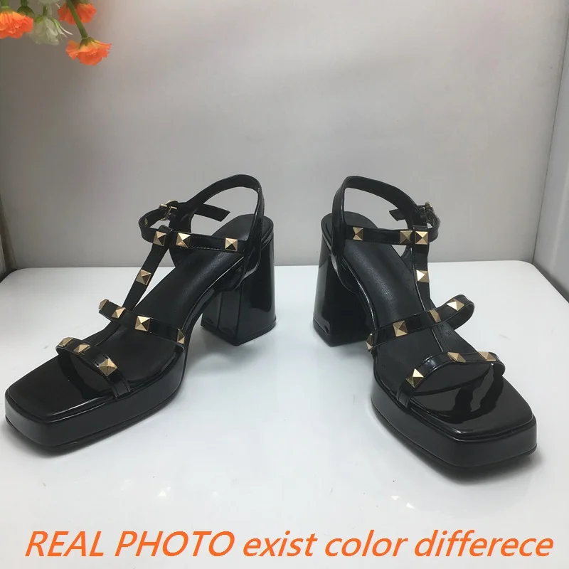 ORCHA LISA Women Sandals Square Toe Chunky Heel 10cm Platform 3cm Rivets Buckle T-strap Concise Daily Shoes For Lady Big Size 43