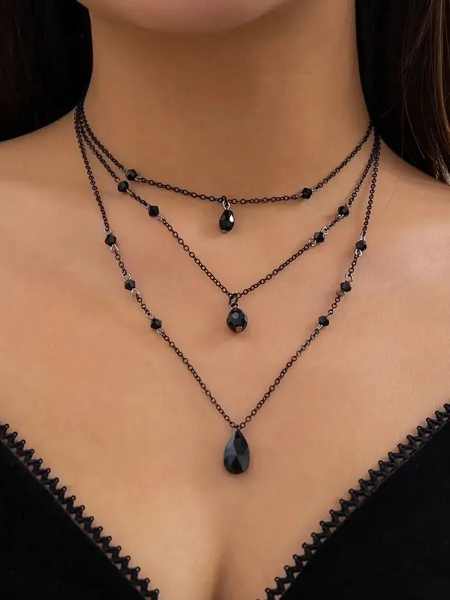 

3pcs Black Crystal Teardrop Pendant Layered Necklace Gothic Style Stacking Jewelry