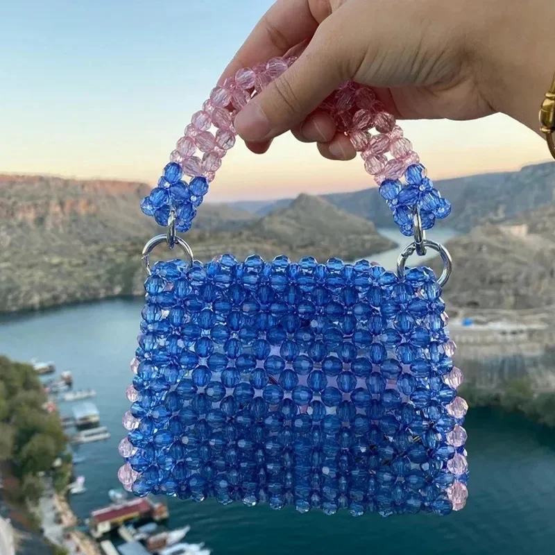 INS Contrast Pink Edging Handmade Beaded Woven Handbag Cute Small Summer Travel Seaside Beach Versatile Box Ladies Hand Bags