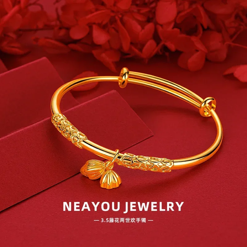 9999 Real Gold 24K New Chinese Lotus Lotus Bracelet Glossy Vine Two Worlds Bracelet