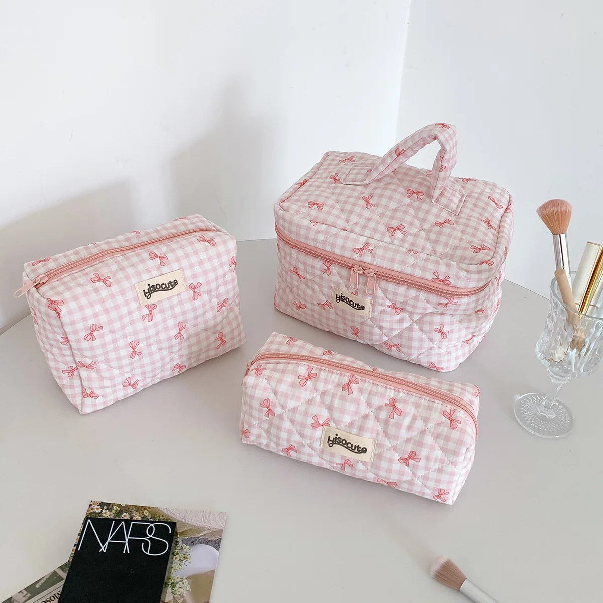 

Корейская кремовая клетчатая косметичка Ins — стильный бант, органайзер для туалетных принадлежностей, сумочка