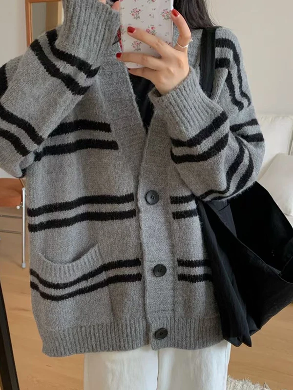 

Осень-зима 2022, женский вязаный открытый кардиган, полосатый школьный свитер, куртка для школьников, Thiened с v-образным вырезом, Lo...