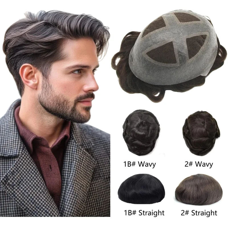 عبر أكثر من بو الرجال الشعر المستعار |   قاعدة من جلد الشعر البشري الحقيقي والدانتيل + PU، شعر مستعار بنظام استبدال الشعر المسبق