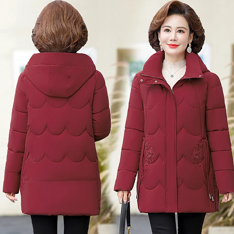 New Elegant Slim Mother Women\'s Winter Hood Warm Parkas New Female fleece thickening mid length Jacket