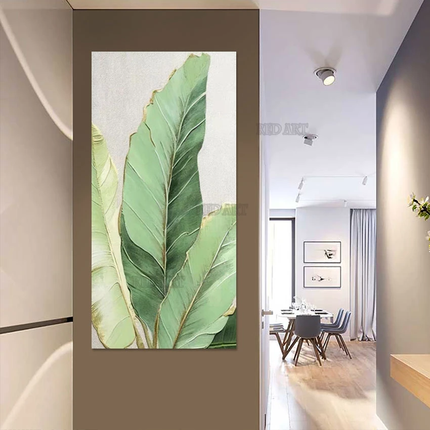 3D Texture Thick Large Green Leaves Plantain Oil Painting Wall Poster Art On Canvas Knife Artwork Picture For Office Decoration