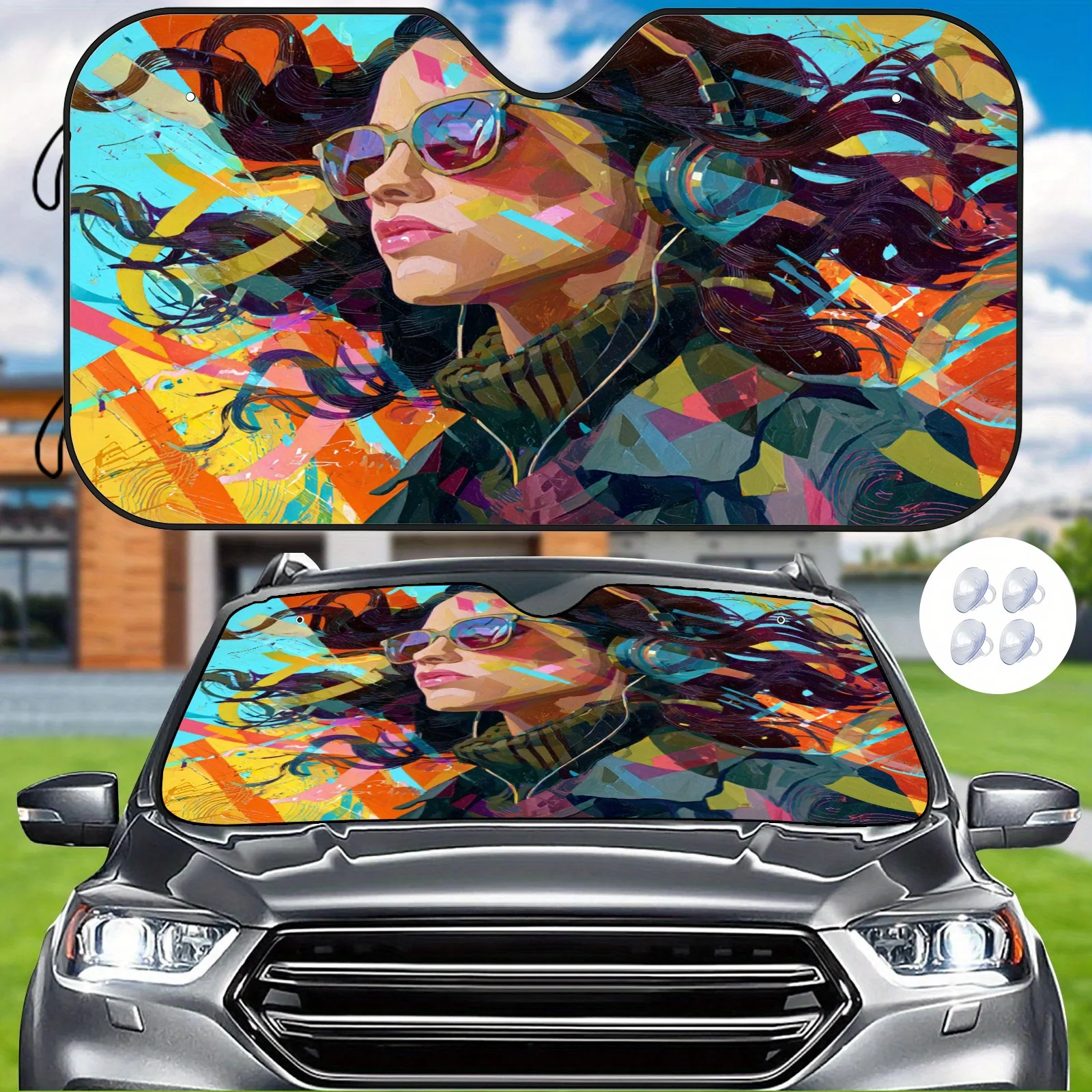 Trendy Color Block Music Girl Car Sunshade, Artistic Graffiti Style, Heat Insulating And Heat Reducing, Regulates Car Interior T