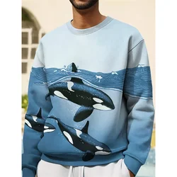 Men's 3D Printed Whale Hoodie Ocean Animal Pattern Sweater Casual Harajuku Round Neck Pullover Loose Long Sleeve Sweater