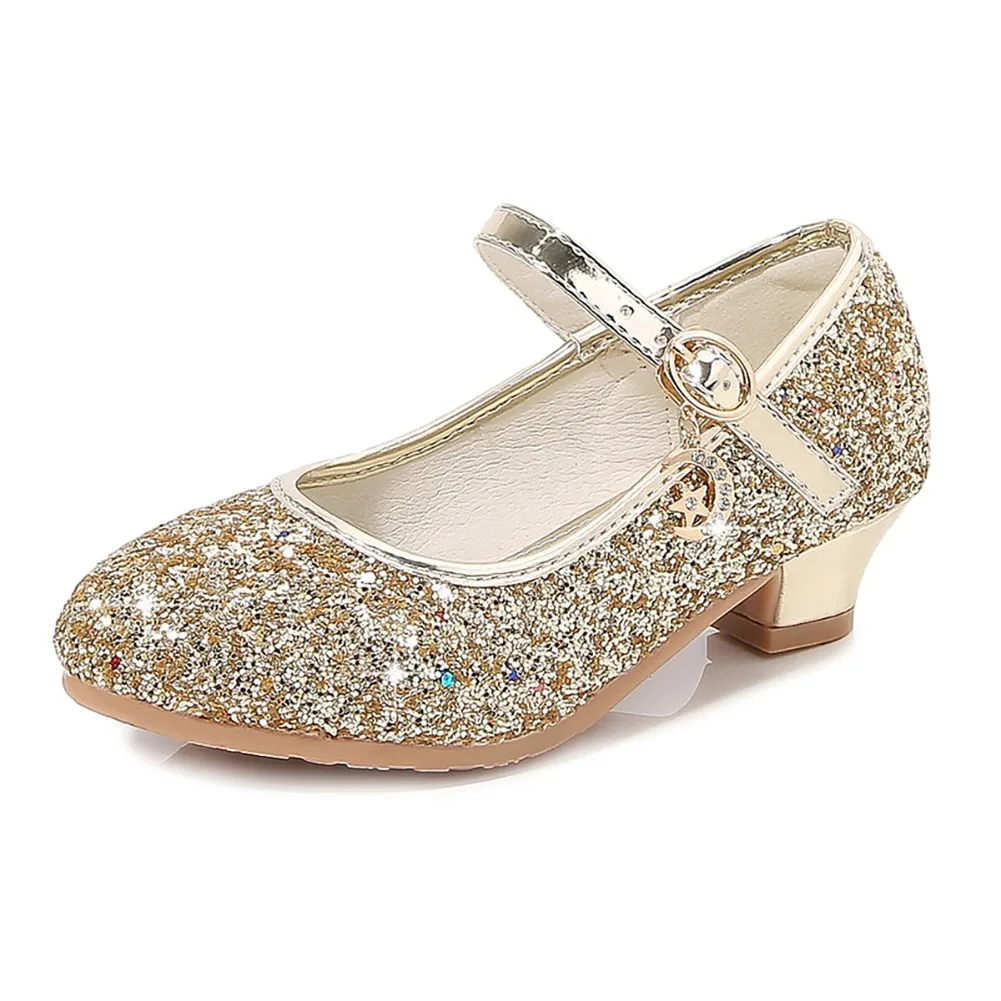 Princess Kids Girls Party Shining Dance Shoes Anti-slip Soft Children Sequins High Heels Shoes Birthday Holiday Casual Shoes