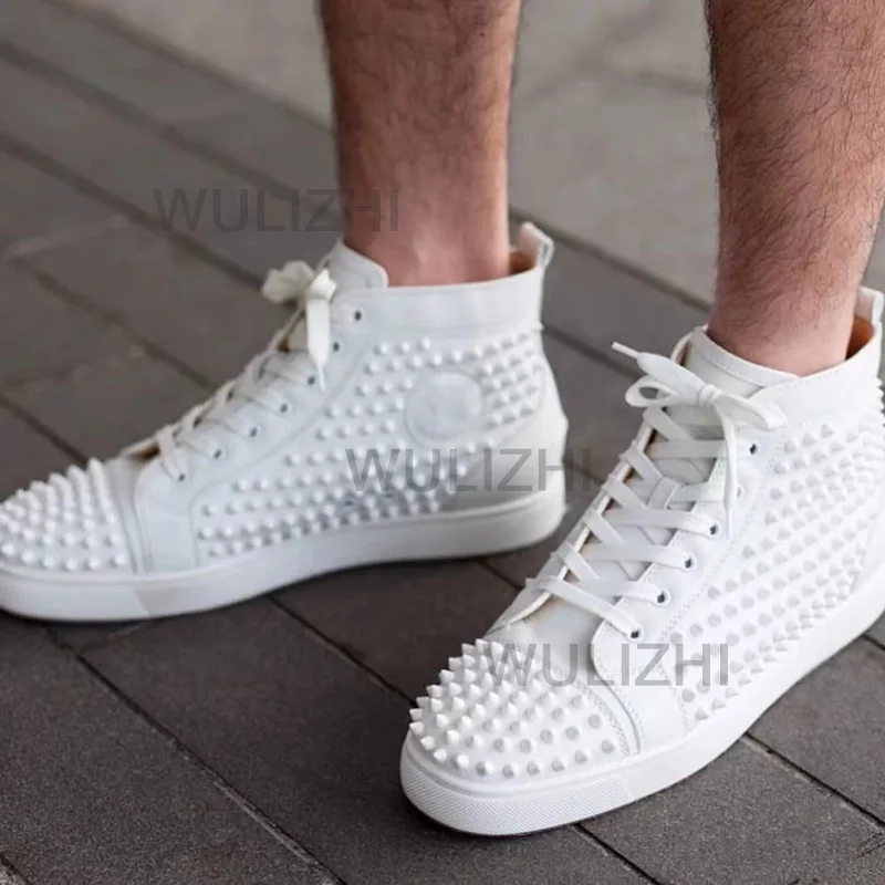 

Pure White Rivet Ankle Sneakers Men Lace Up Red Casual Women Flat Shoes Canvas Genuine Leather Solid Casual Shoes Summer Fashion