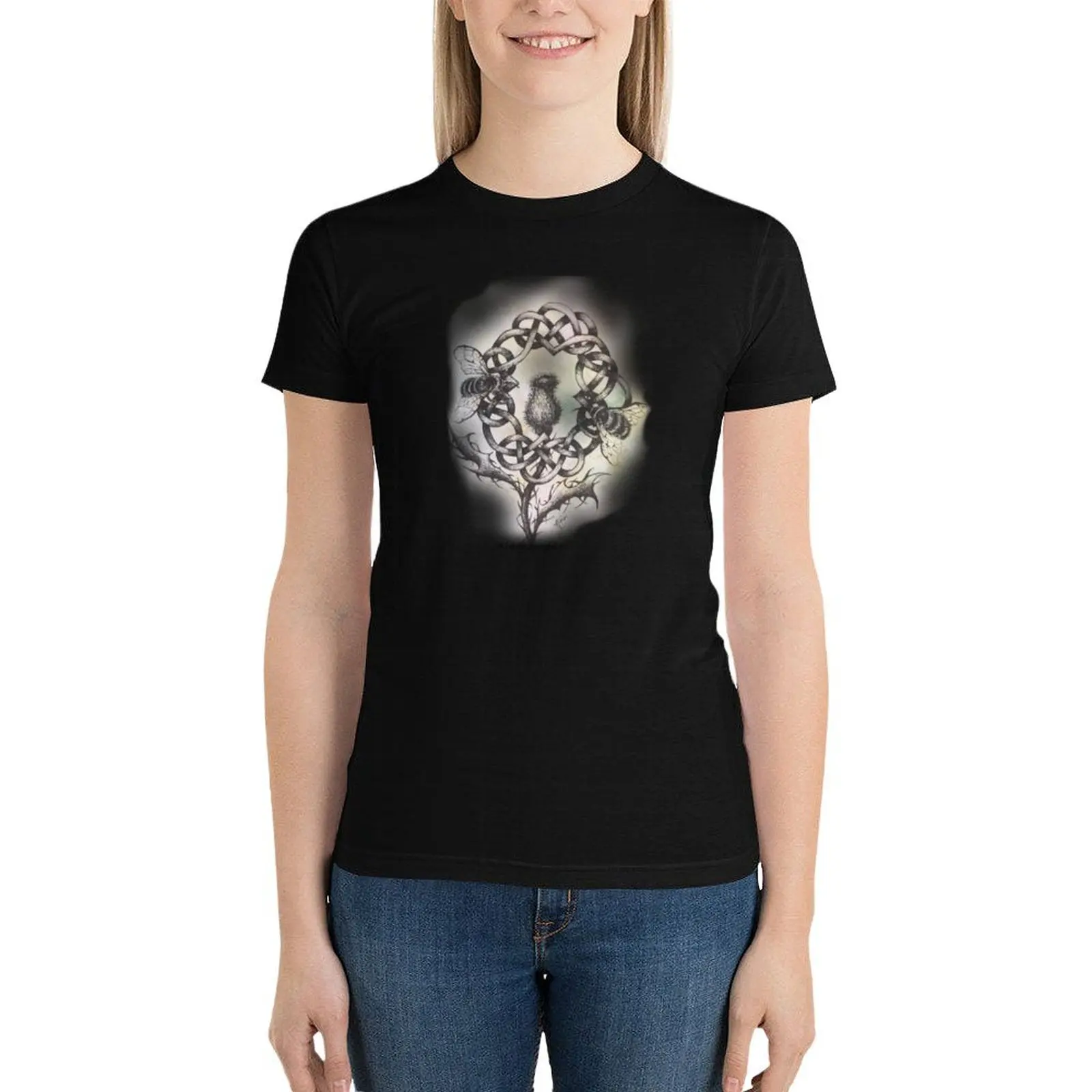 Nikolette Jones Art Scottish Thistle Celtic Knot w Bees T-Shirt funny sublime sports fans Woman fashion