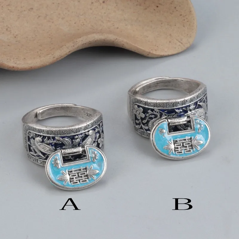 

925 sterling silver burning blue bird, flower fragrance, happy word, retro wide-faced cloisonne silver lock, open ring female