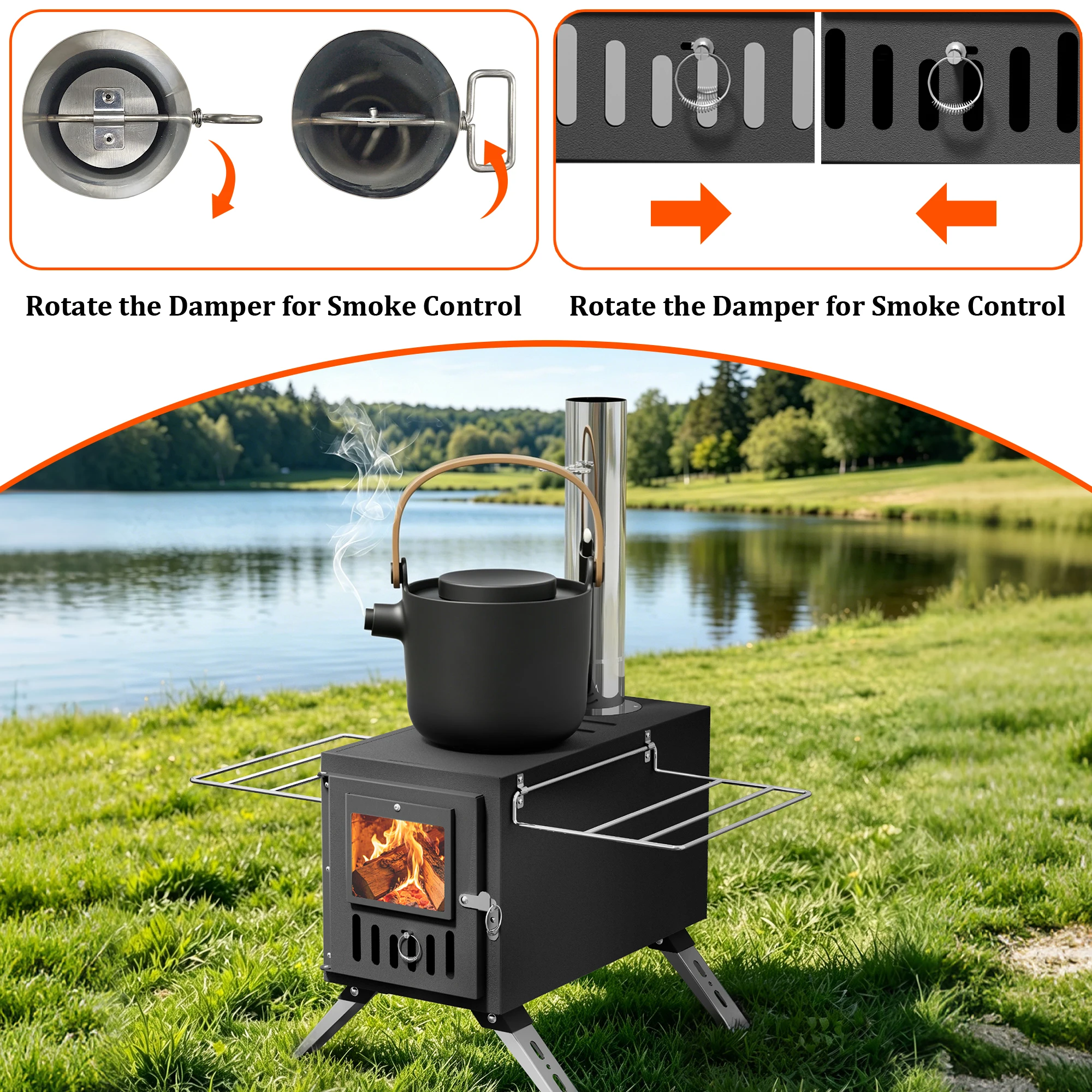 Hot Tent Stove,UNHO Wood Burning Stove,Small Wood Stove with 6 Stainless Chimney Pipes for Outdoor Heating & Cooking, Ice Fishing, Hunting ， Outdoor Camp Firewood Stove Portable Stove for Multifunctional Firewood Burner with Detachable Chimney view 4