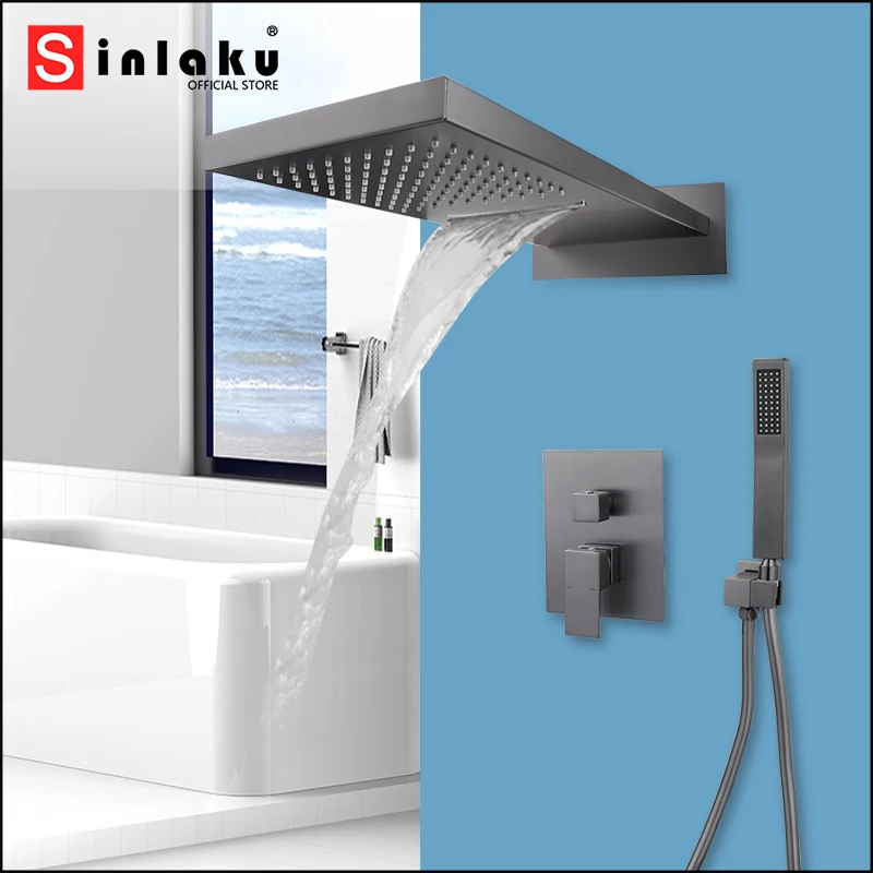 

SINLAKU Brushed Gun Grey Rainfall And Waterfall Shower Faucet Set Wall Mounted With Shower Head Hot And Cold Water Mixer Taps