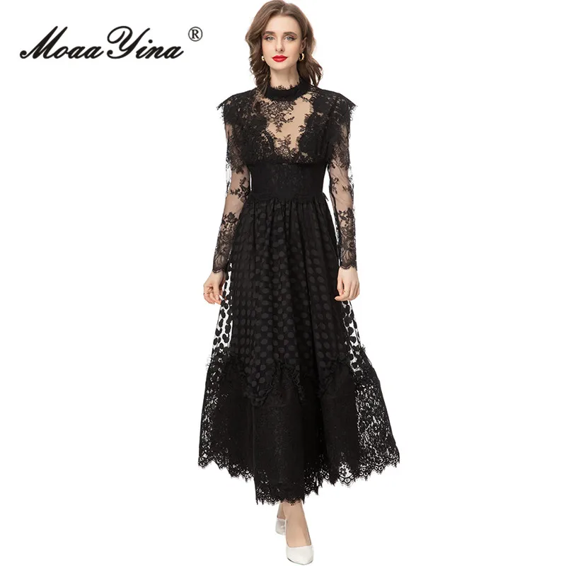 MoaaYina Autumn Fashion Designer Black Vintage Lace Dress Women Stand Collar Long Sleeve Perspective Mesh Slim A-LINE Long Dress