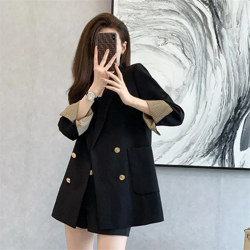 Spring 2024 New Women\'s Blazer Vintage Loose Long Sleeve Coat British Style Double-breasted Black Sleeve Suit Jacket