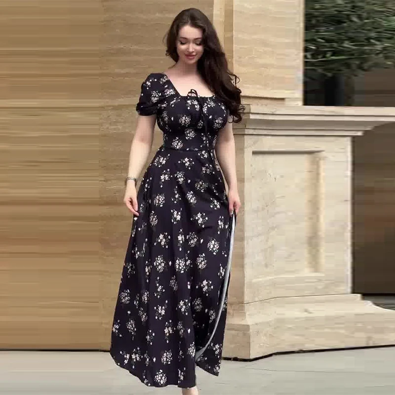 

Женское платье с квадратным вырезом и пышными рукавами, лето 202, элегантное черное платье миди с цветочным принтом и завязкой на талии