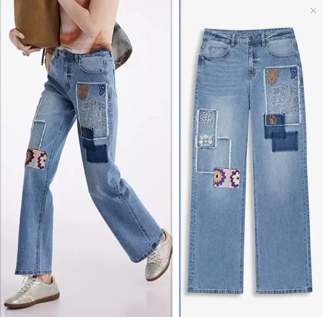 

Spanish embroidered patchwork straight-leg slimming jeans for export original order