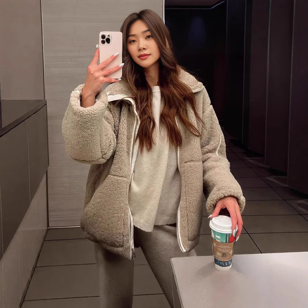 Nová dámská fleecová bunda, podzimní a zimní, teplá plyšová bunda na zip, Harajuku, ležérní volná dámská tlustá bunda, topy a oblečení - náhled 4