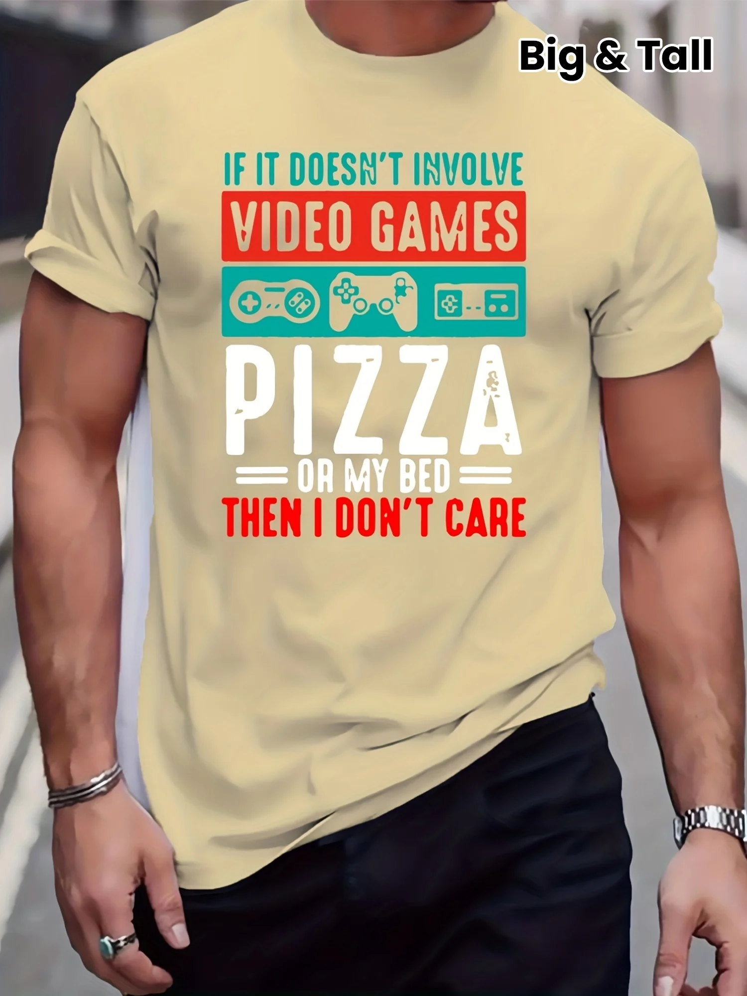 PIZZA And Video Games Graphic Print Creative Top, Casual Mid Stretch Short Sleeve Crew Neck T-shirt, Men's Tee For Summer Outdoo