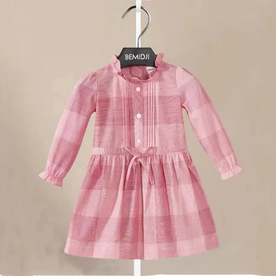 Big Baby Pink Dresses Baby Girl Clothes Belt Bow Babies Kids Birthday Party Dress Ribbed Striped Long-sleeve Overalls Children