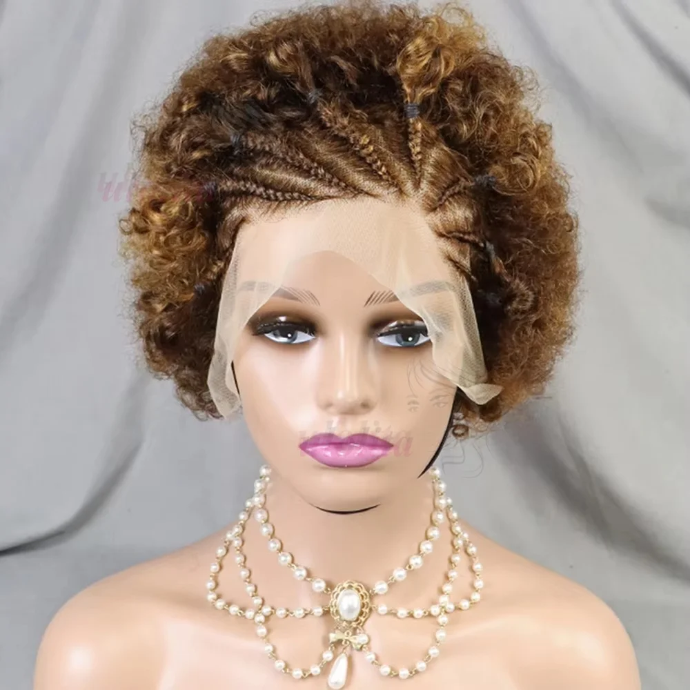 Highlight Ombre Geflochtene Perücken Echthaar Afro Puff Lace Frontal Haarperücken Afro Kinky Curly Echthaar 13x4 Lace Front Vorgeflochten – Detail 2