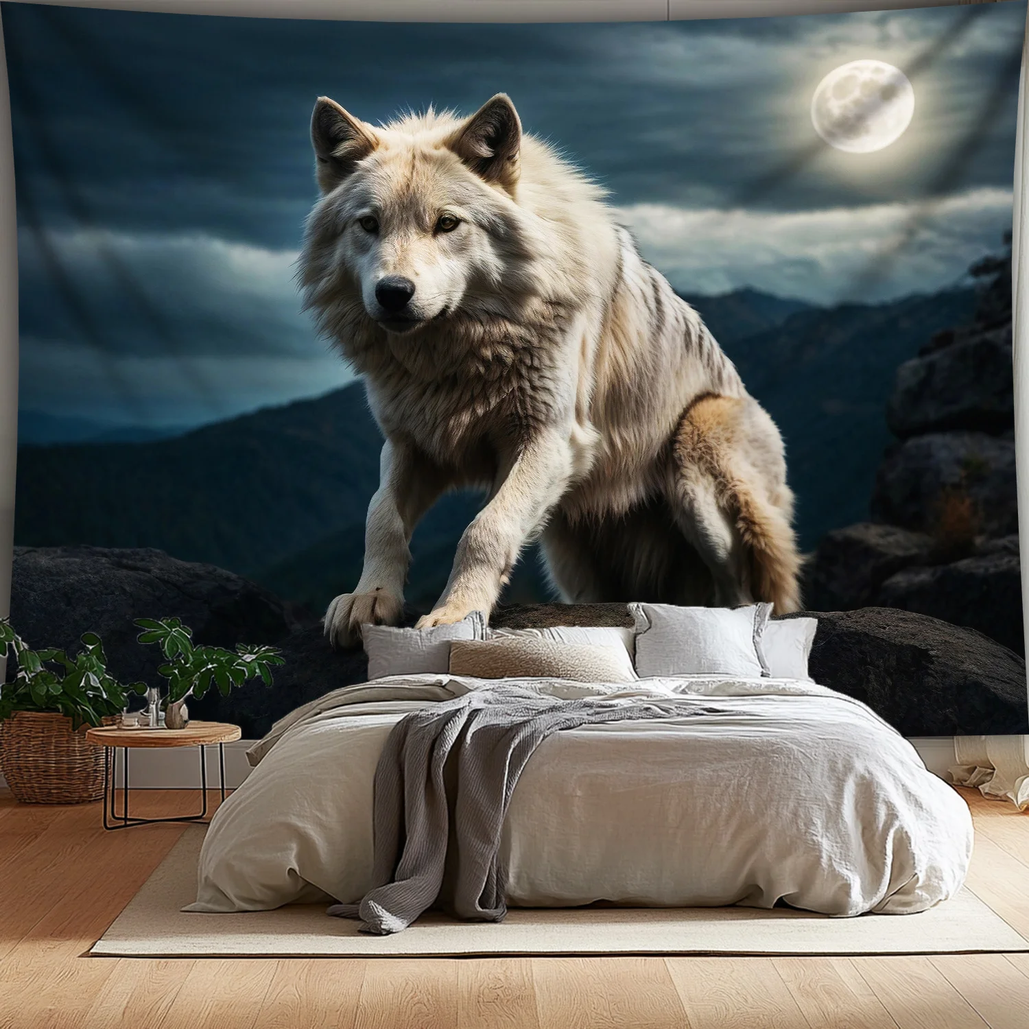 Wolf Moon Tapestry, Majestic Wolf & Mountain Night Sky Wall Hanging, Wilderness Decor for Bedroom Living Room Background