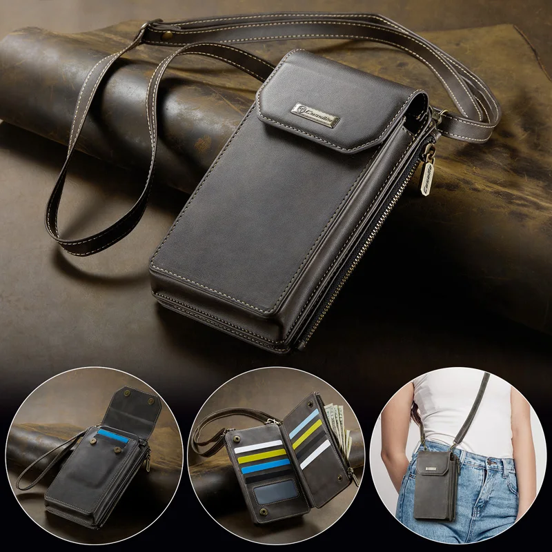 Multifunctional Men Women Phone Case Leather Crossbody Purse Shoulder Mobile Phone Vertical Bag Punch With Card Slots